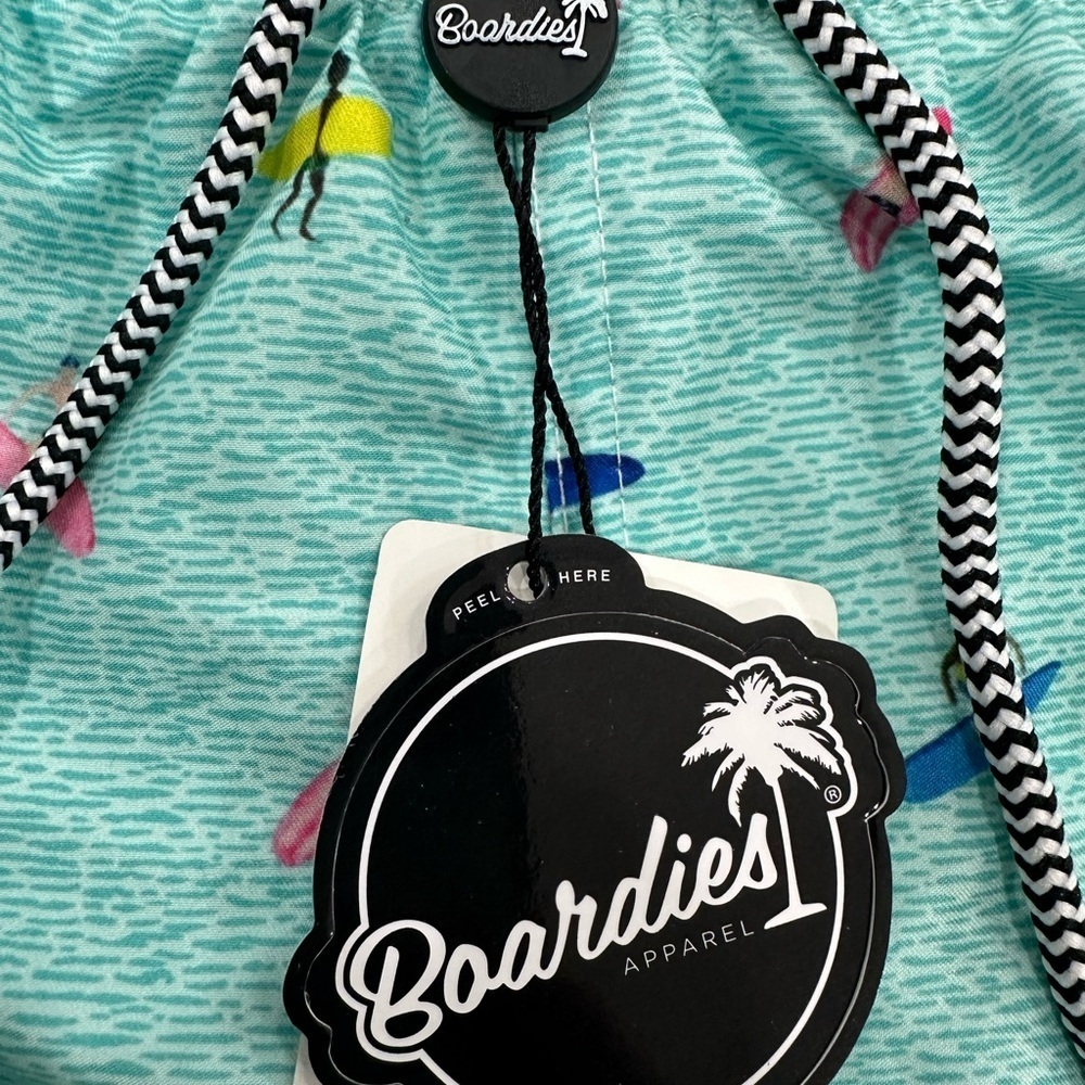 NEW Boardies Apparel Men’s Swim Trunks Aqua Blue Surfer Print Size Large